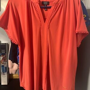 Jones New York Coral-Orange Short Sleeve Tunic with Pom Trim